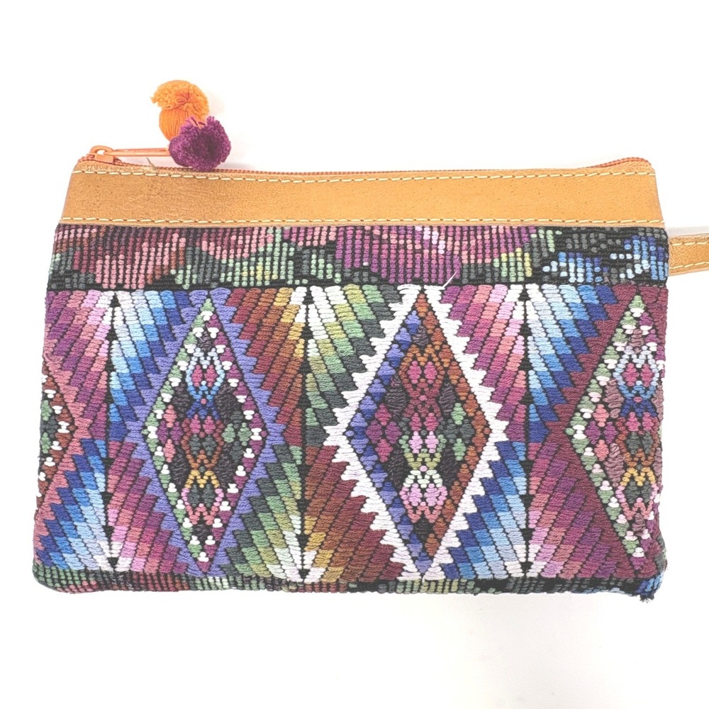 Woven Textile Geometric Wristlet Clutch Bag Zippered Huipil Style Leather Trim - Picture 2 of 9